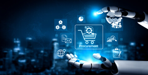 Fototapeta premium Futuristic Robotic Hand Engaging with Digital Procurement Icons and Analytics in a Technology-Driven Shopping Environment. Bitwise.