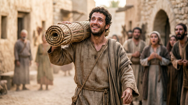A healed paralyzed man walks joyfully through a street, carrying his woven sleeping mat. 