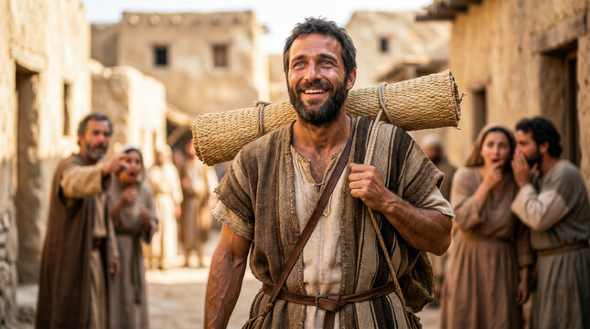 A healed paralyzed man walks joyfully through a street, carrying his woven sleeping mat. 