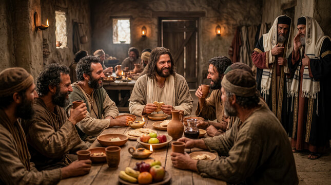 Jesus sits and eats at the table with tax collectors and sinners.