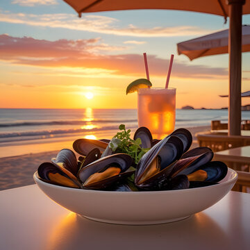 Sumptuous bowl of fresh mussels and a tropical drink captivatingly presented at a beachside table, offering an idyllic dining experience with a breathtaking sunset over the calm sea
