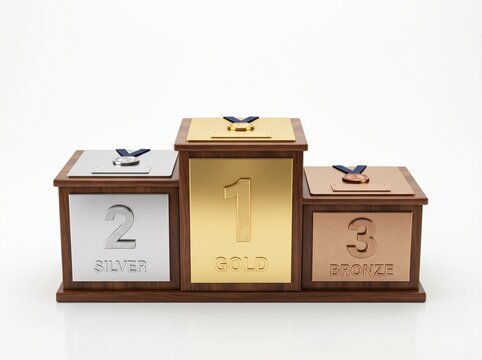 Winner's Podium: A tiered wooden podium displays gold, silver, and bronze plaques, ready to honor champions in a competitive arena.