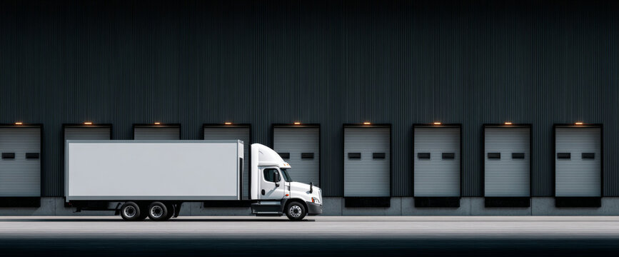 White semi truck parked at loading docks