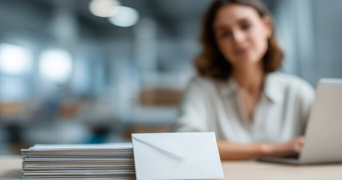Stack of envelopes with woman working