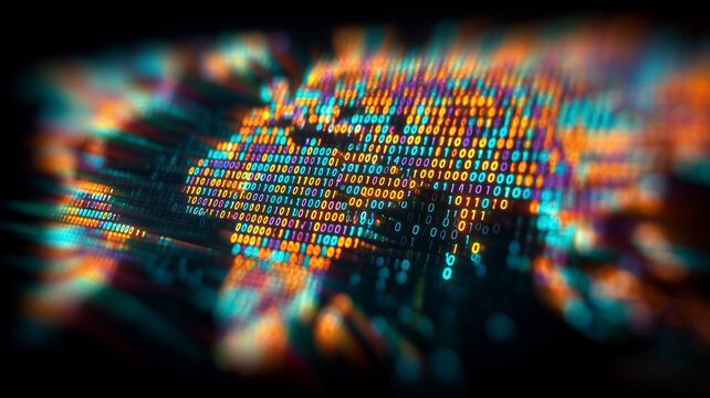 Abstract binary code pattern with world map shape, symbolizing global data networks, digital information flow, computing, and connectivity.
