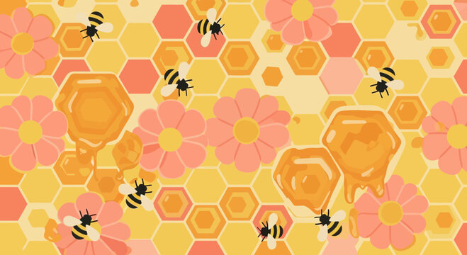 Floral ornament with bees and honeycomb pattern in warm tones
