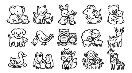 Obraz premium Cute parent and baby animals outline set
