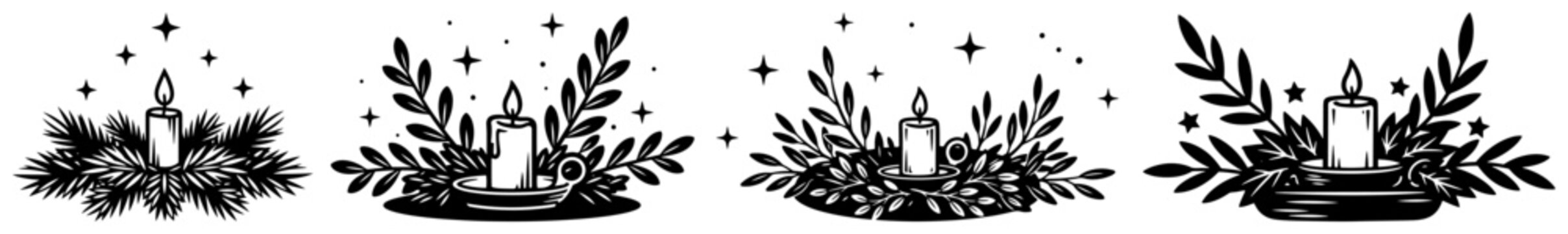 Burning candles decorated with evergreen pine branches and stars in hand drawn engraving style