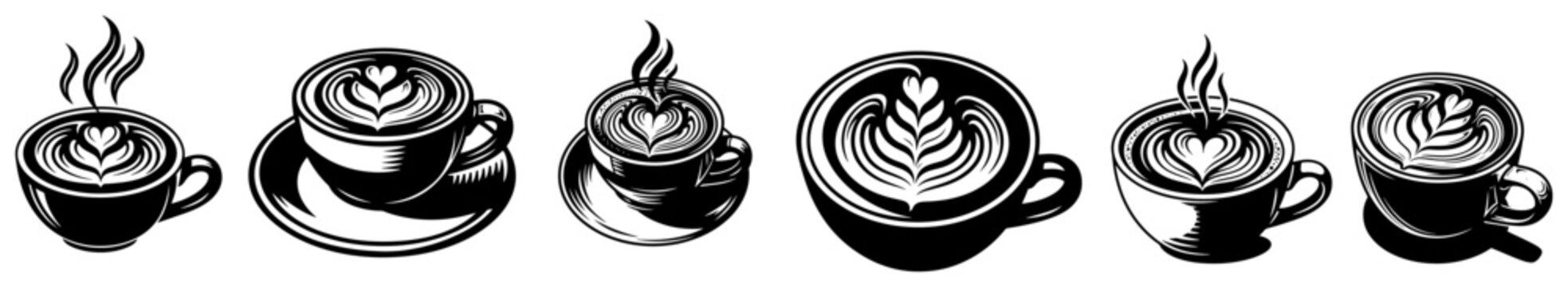Coffee cups with latte art patterns and steam in vintage woodcut style