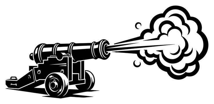 Old artillery cannon firing with smoke cloud in vintage woodcut style