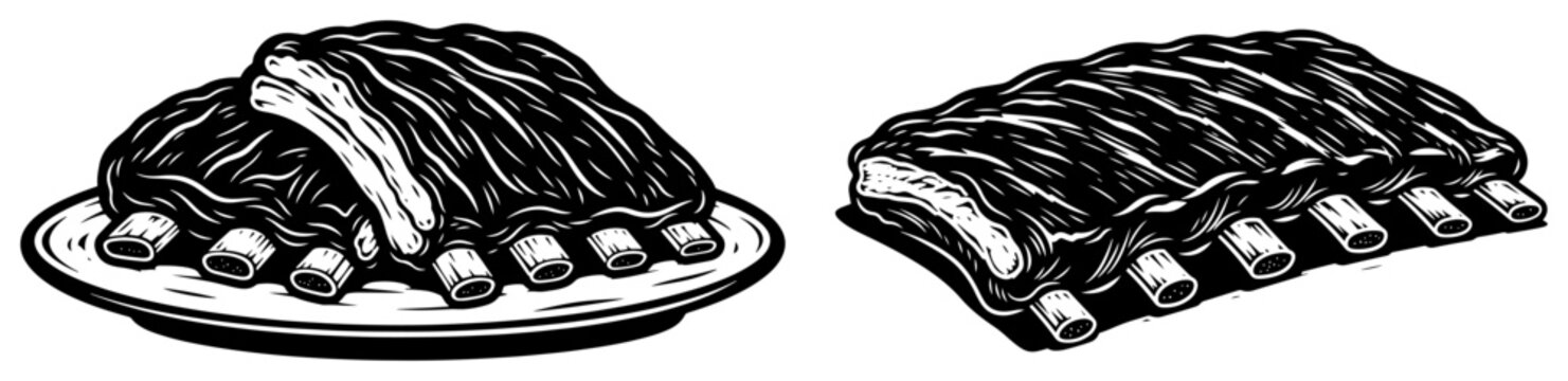Grilled pork ribs on a plate in vintage woodcut style
