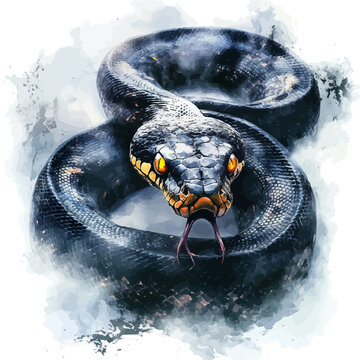 Python watercolor style, fantasy-inspired semi-realistic illustration, soft glowing accents, isolated on white