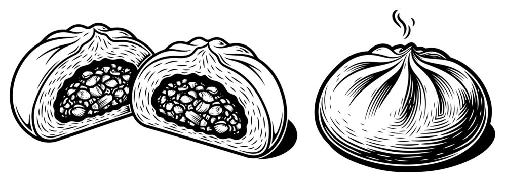 Steamed baozi buns with meat filling in vintage woodcut style