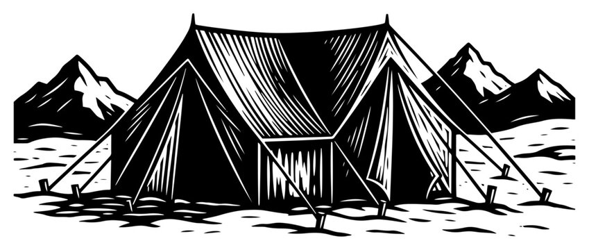 Canvas camping tent in mountain landscape in vintage woodcut style