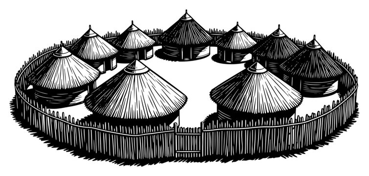 Traditional circular village with thatched huts and fence in vintage woodcut style