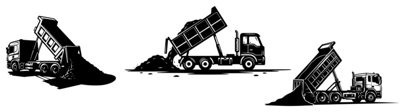 Dump trucks unloading construction material in vintage woodcut style