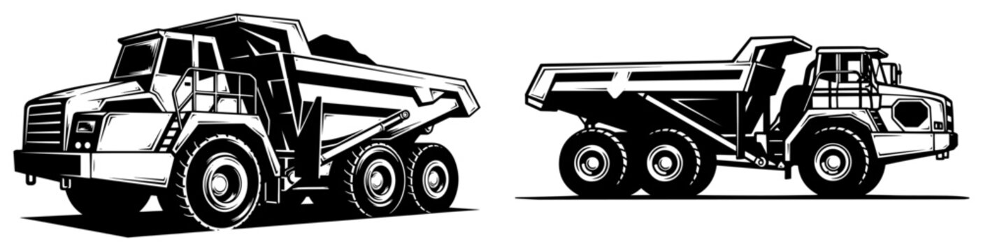 Heavy duty mining dump truck for construction and industrial work in vintage woodcut style