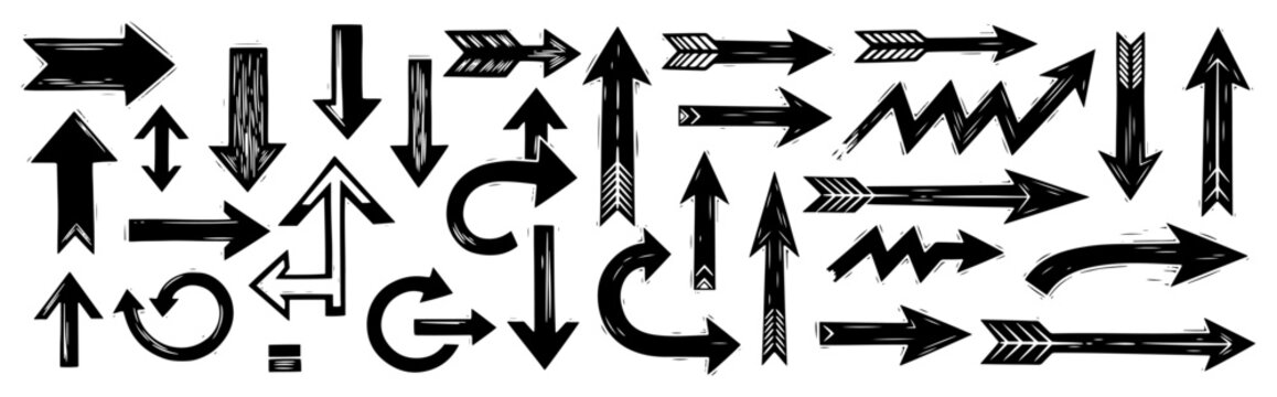 Directional arrows and navigation pointers in vintage woodcut engraving style