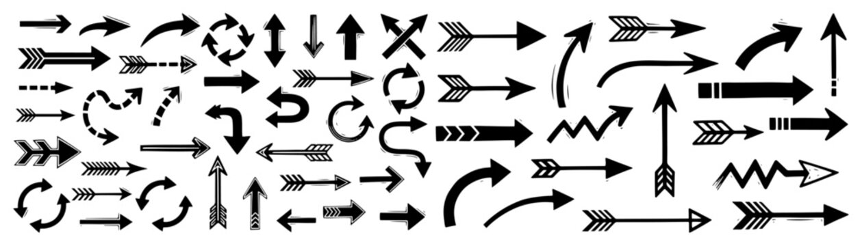 Diverse set of arrows and directional icons in vintage woodcut engraving style