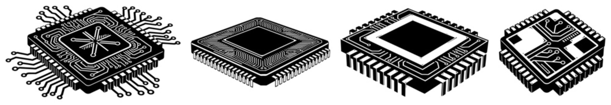Computer microchips and CPU processors in isometric graphic style