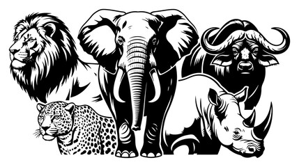 African big five safari animals collection in vintage woodcut style © Kumamoto