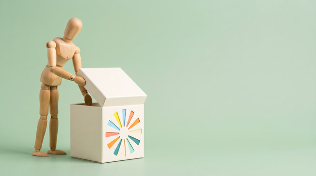 Business data insight and KPI tracking chart concept with wooden figure opening box with copy space for performance evaluation presentation banner