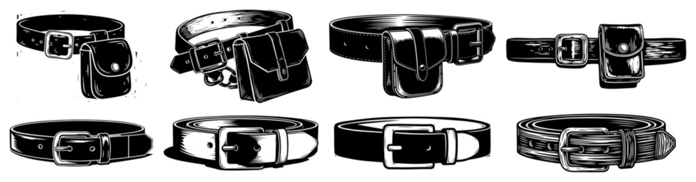 Leather belts with pouches and buckles set in detailed graphic style