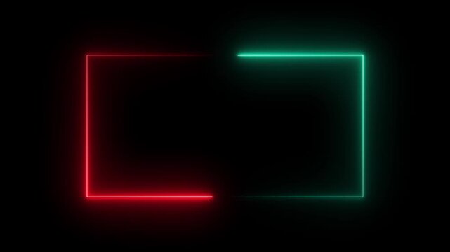 Square rectangle picture frame with two tone neon color motion graphic on isolated black background. Blue and pink light moveing for overlay element. Motion graphics of neon rectangle