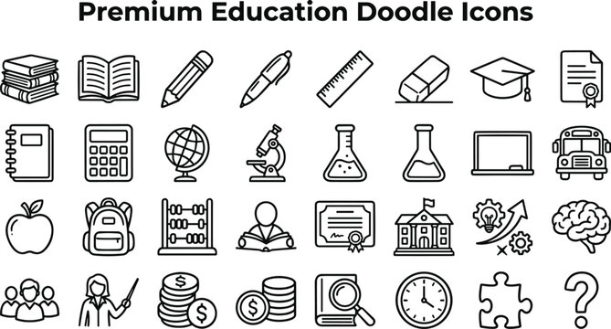 A comprehensive collection of clean line art icons representing various educational concepts and school supplies suitable for digital and print design projects