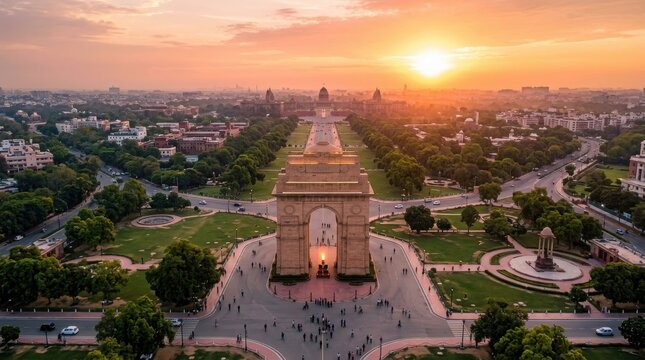India independence day aerial view of delhi's india gate at sunset