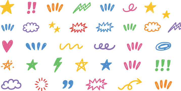 A vibrant collection of handdrawn doodle elements including stars hearts clouds exclamation marks lightning bolts and abstract shapes on a transparent background