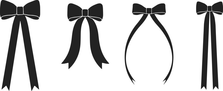 Collection of four different black bow tie designs with long ribbons and decorative knot detailing isolated on a white background representing festive occasions or gifts