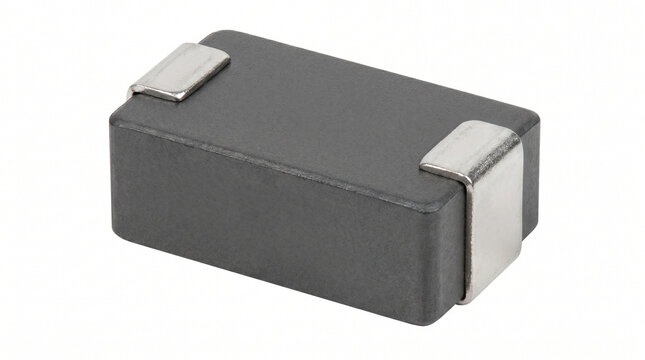 Extreme macro of a dark grey SMD power inductor electronic component with silver solder pads, isolated on a pure white background.