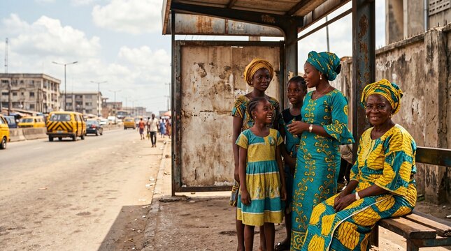 African women and children in vibrant traditional attire waiting at a busy urban bus stop