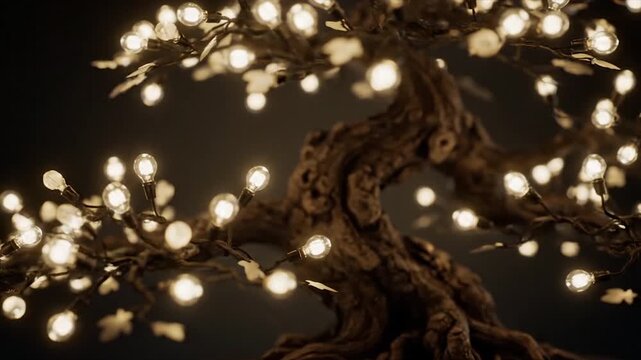 Decorative string lights intertwined with bare tree branches create a warm and festive outdoor ambiance during winter nights.