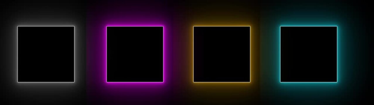 Gradient neon square frames set. Glowing borders isolated on a dark background. Colorful night banner, vector light effect.Motion graphics of rectangle frame