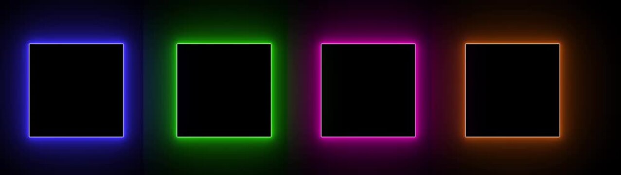 Gradient neon square frames set. Glowing borders isolated on a dark background. Colorful night banner, vector light effect.Motion graphics of rectangle frame