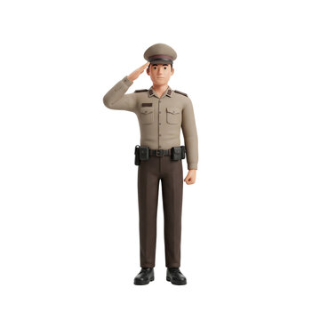 Indonesian police officer 3D character saluting in brown uniform