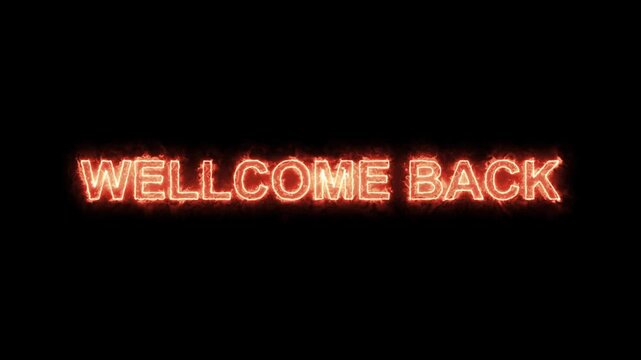 Glowing welcome back sign in bright cyan neon light on black background for cheerful greeting and return celebration