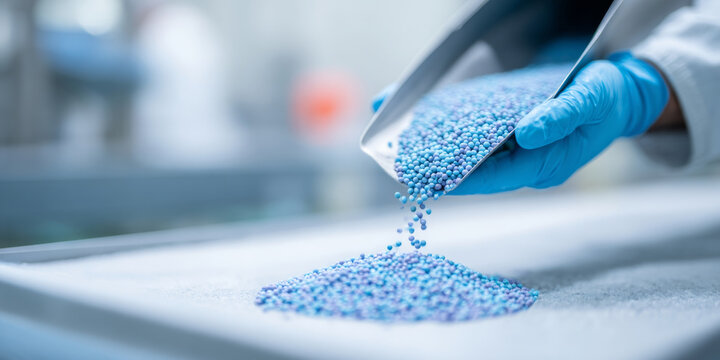 Pharmaceutical granules pouring in lab environment
