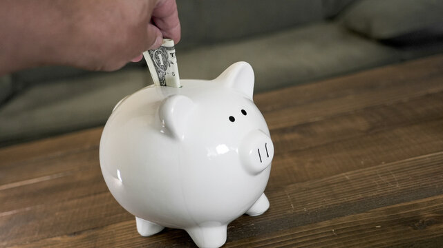 Hand placing dollar bill into white piggy bank