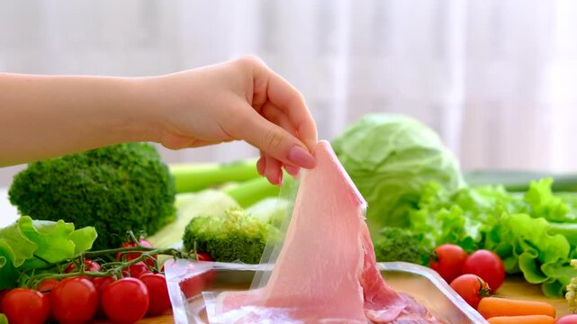 Taking thin jamon slices from package beside farm vegetables on rustic kitchen board