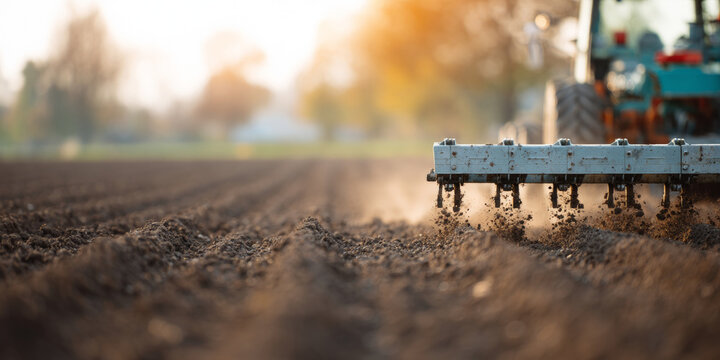Tractor cultivating soil in farmland field