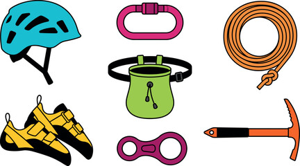 Rock climbing gear vector icon set with helmet carabiner rope shoes chalk bag figure eight and ice axe. © Honey Qween!