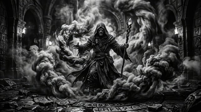 Dark wizard summoning magic in smoky dungeon interior.