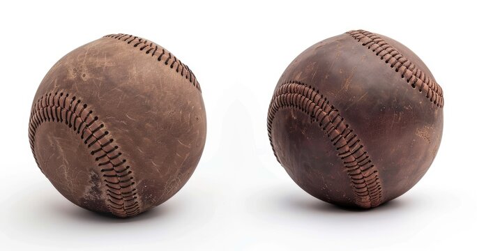 Two aged baseballs showing wear and tear, brown leather, prominent seams against a white backdrop