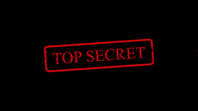 Vintage top secret file folder with bold red stamp, aged papers, and retro espionage aesthetic. Motion graphics of document concept.