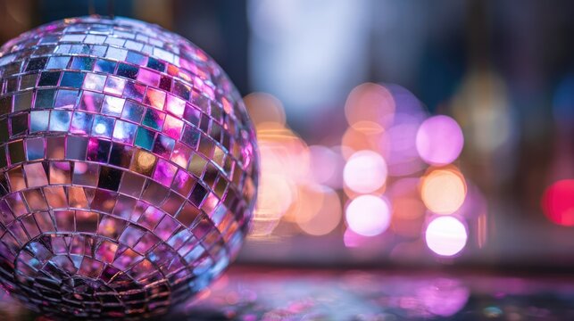 Close up of a decorative disco ball with a blurred background