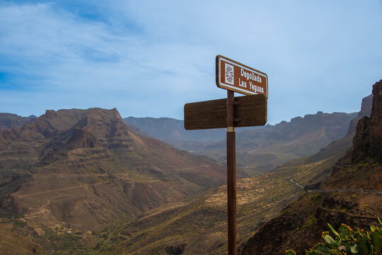 Degollada Las Yeguas Viewpoint Sign in the Mountains of Gran Canaria, Spain