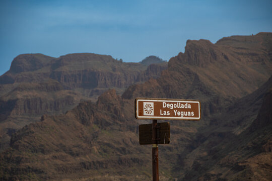 Degollada Las Yeguas Viewpoint Sign in the Mountains of Gran Canaria, Spain